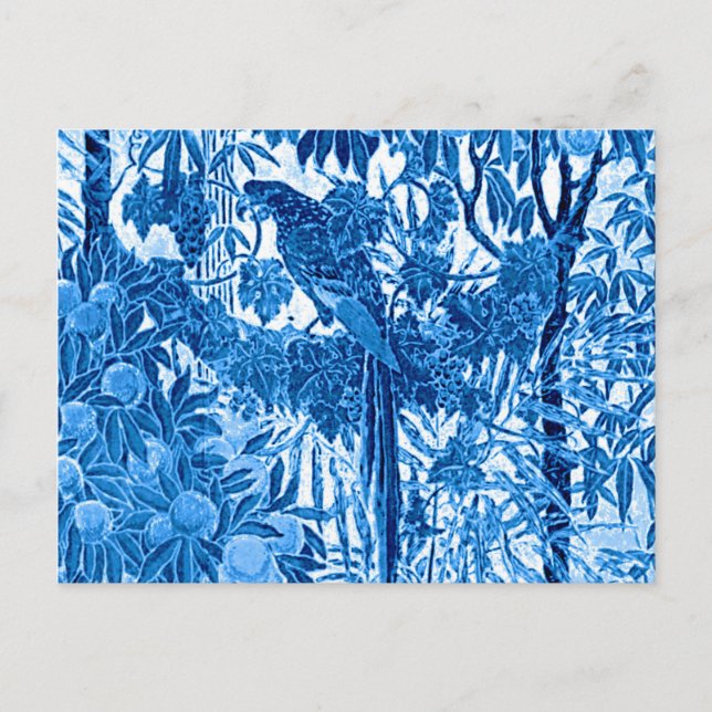 Parrot in a Jungle Setting, Indigo Blue and White  Postcard (Front)