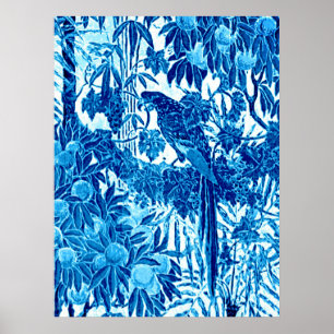 Parrot in a Jungle Setting, Indigo Blue and White Poster