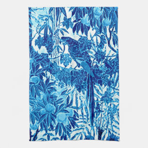 Parrot in a Jungle Setting, Indigo Blue and White  Tea Towel