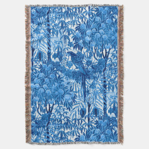 Parrot in a Jungle Setting, Indigo Blue and White Throw Blanket