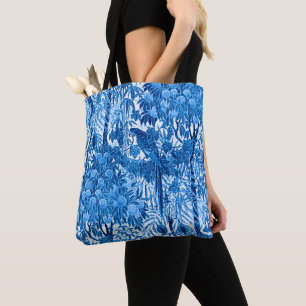 Parrot in a Jungle Setting, Indigo Blue and White Tote Bag