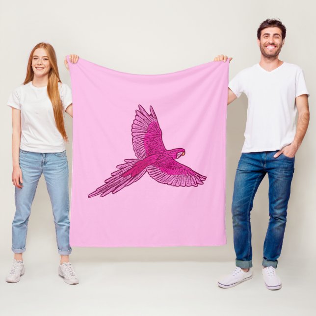 Parrot in Flight, Fuchsia and Ice Pink Fleece Blanket (In Situ)