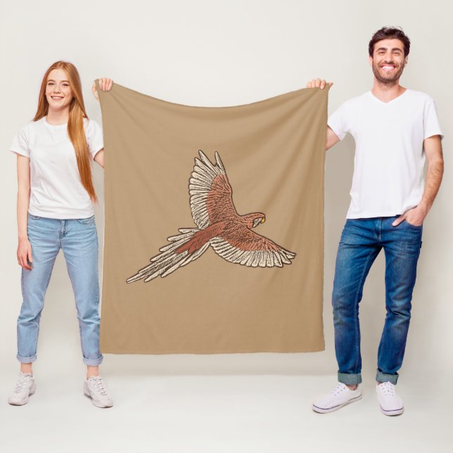 Parrot in Flight, Rust, Cream and Camel Tan Fleece Blanket (In Situ)