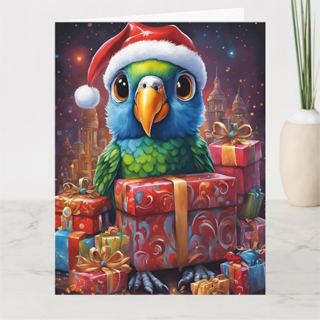 Parrot in the midst of Christmas gifts Card (Front)