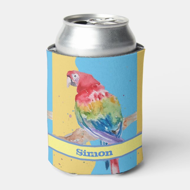 Parrot Macaw Blue Bird Birthday Boys Mens Name Can Cooler (Can Front)