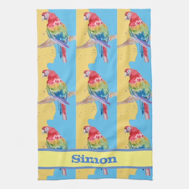 Parrot Macaw Blue Bird Birthday Boys Mens Name Tea Towel (Vertical)