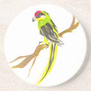 Parrot on a branch. Watercolor painting. Coaster