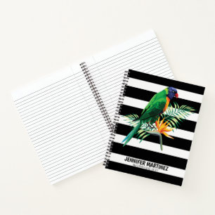 Parrot On Black And White Stripes Notebook