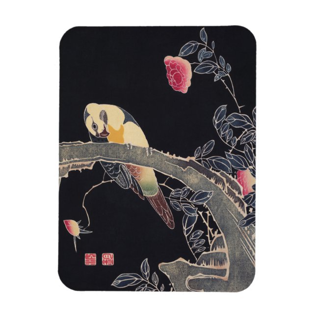 Parrot on the Branch, Flowering Rose Bush, Jakuchū Magnet (Vertical)