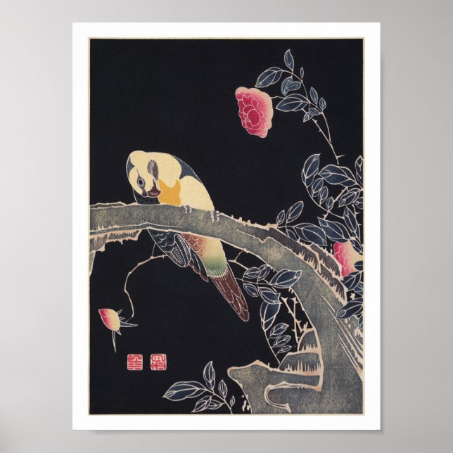 Parrot on the Branch, Flowering Rose Bush, Jakuchū Poster (Front)