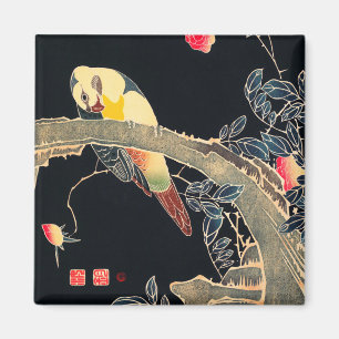 Parrot on the Branch of a Flowering Rose Bush Magnet