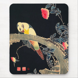 Parrot on the Branch of a Flowering Rose Bush Mouse Mat