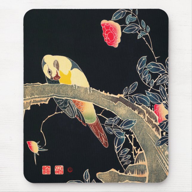 Parrot on the Branch of a Flowering Rose Bush Mouse Mat (Front)