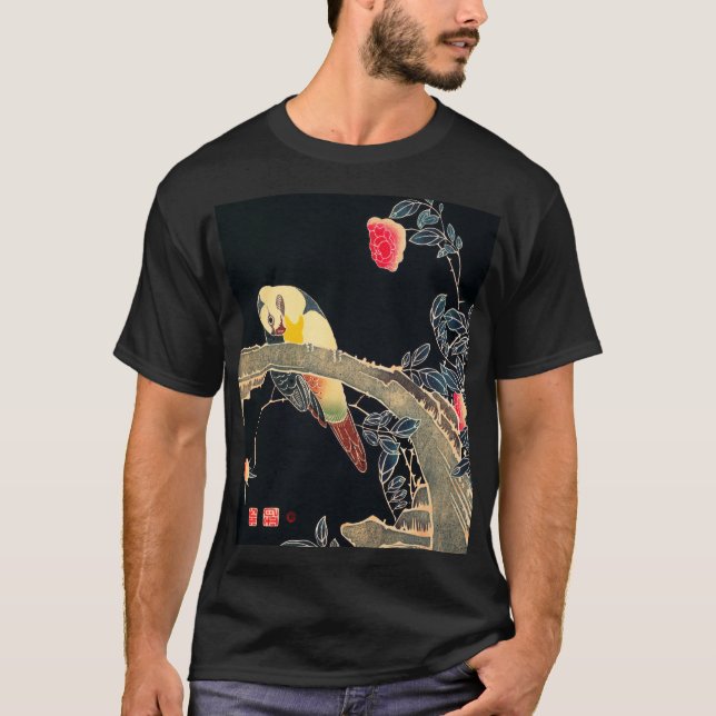 Parrot on the Branch of a Flowering Rose Bush T-Shirt (Front)
