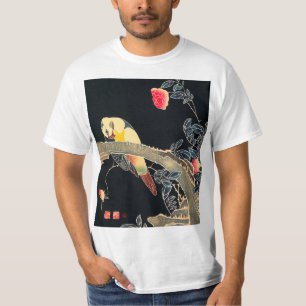 Parrot on the Branch of a Flowering Rose Bush T-Shirt