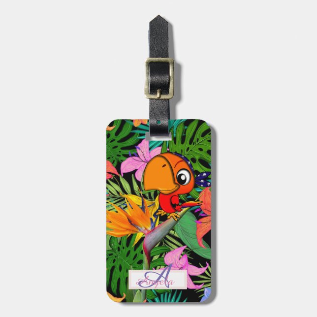 Parrot, Palm Leaves, Caudata Monogram-Personalised Luggage Tag (Front Vertical)