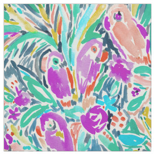 Parrot Party Whimsical Tropical Watercolor Pattern Fabric