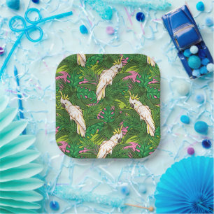 Parrot Pattern With Palm Leaves Paper Plate