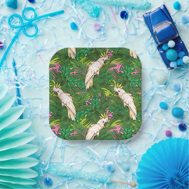 Parrot Pattern With Palm Leaves Paper Plate (Party)