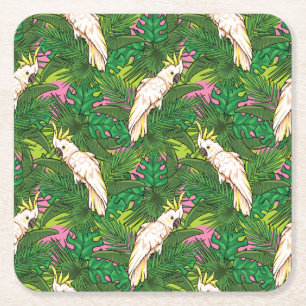 Parrot Pattern With Palm Leaves Square Paper Coaster