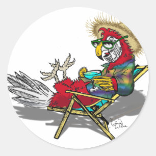 Parrot Relaxing in Beach Chair Classic Round Sticker