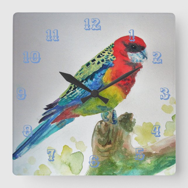 Parrot Rosella Australian Birds Watercolor Square Wall Clock (Front)