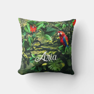 Parrot scarlet macaw in jungle with flowers cushion