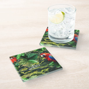 Parrot scarlet macaw in jungle with flowers glass coaster