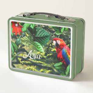 Parrot scarlet macaw in jungle with flowers metal lunch box