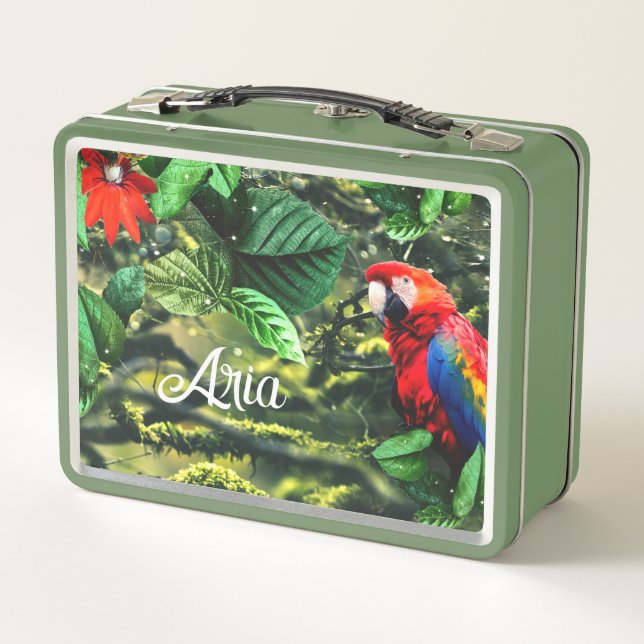 Parrot scarlet macaw in jungle with flowers metal lunch box (Back)