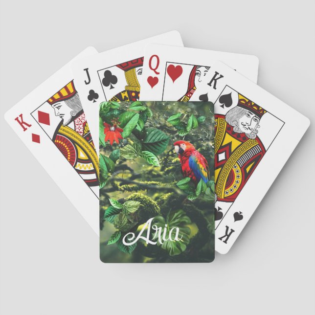 Parrot scarlet macaw in jungle with flowers playing cards (Back)