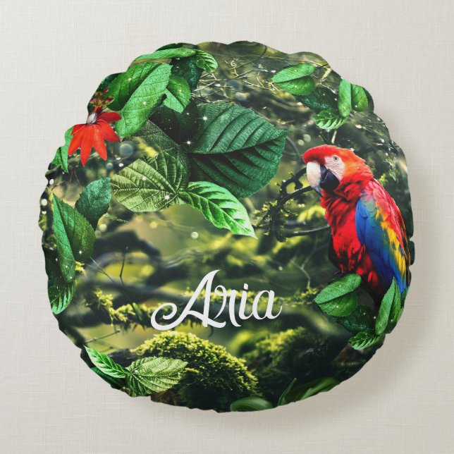 Parrot scarlet macaw in jungle with flowers round cushion (Front)