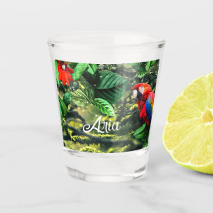 Parrot scarlet macaw in jungle with flowers shot glass