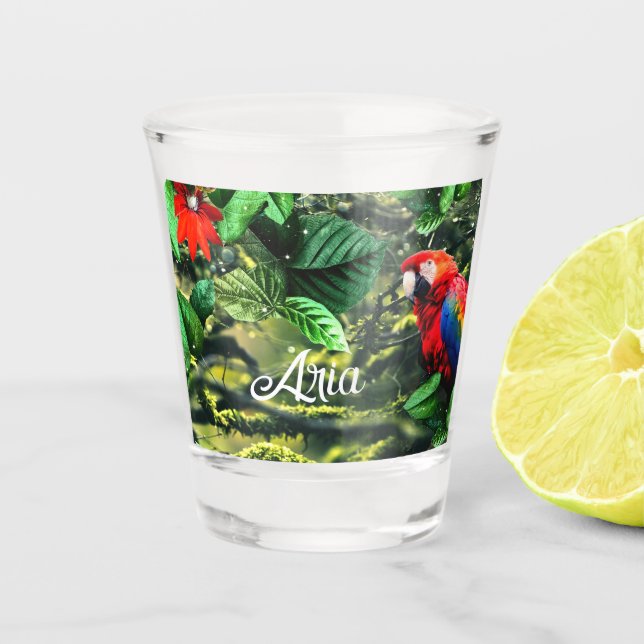 Parrot scarlet macaw in jungle with flowers shot glass (Front)