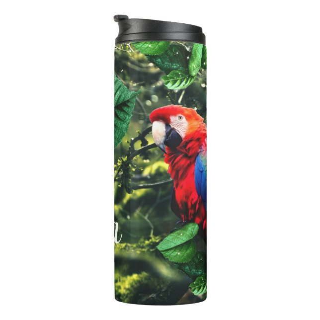 Parrot scarlet macaw in jungle with flowers thermal tumbler (Rotated Right)