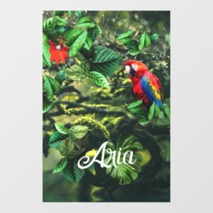 Parrot scarlet macaw in jungle with flowers window cling