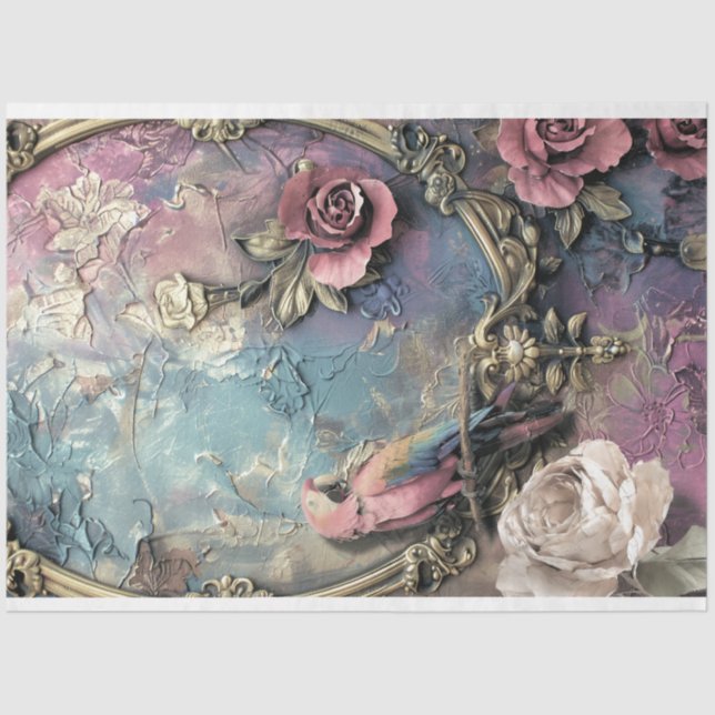 Parrot, Shabby Chic, Ornamental Bird & Floral Art Tissue Paper (Front)