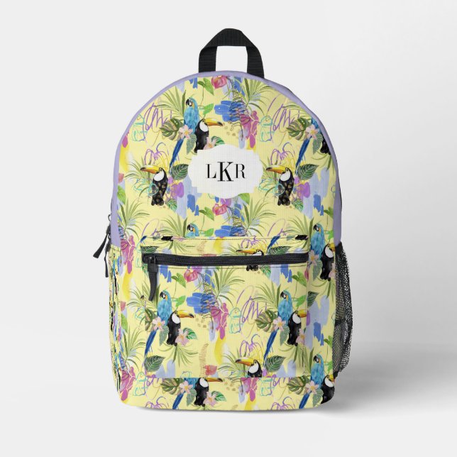 Parrot & Toucan Tropical Pattern 3-Letter Monogram Printed Backpack (Front)