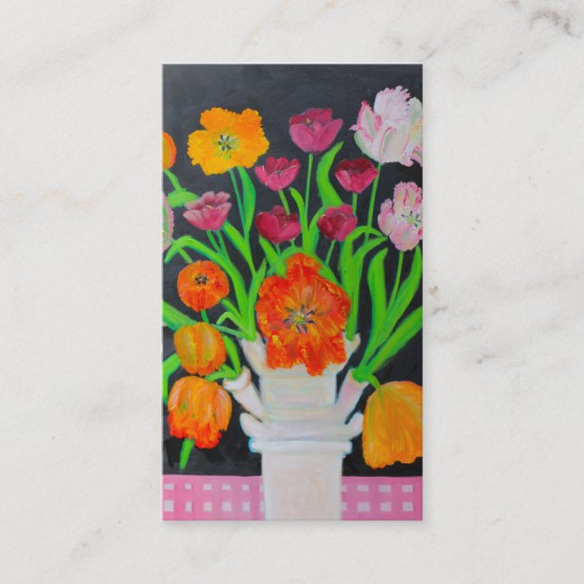 Parrot Tulips in Tulipiere on Pink Tablecloth Business Card (Front)