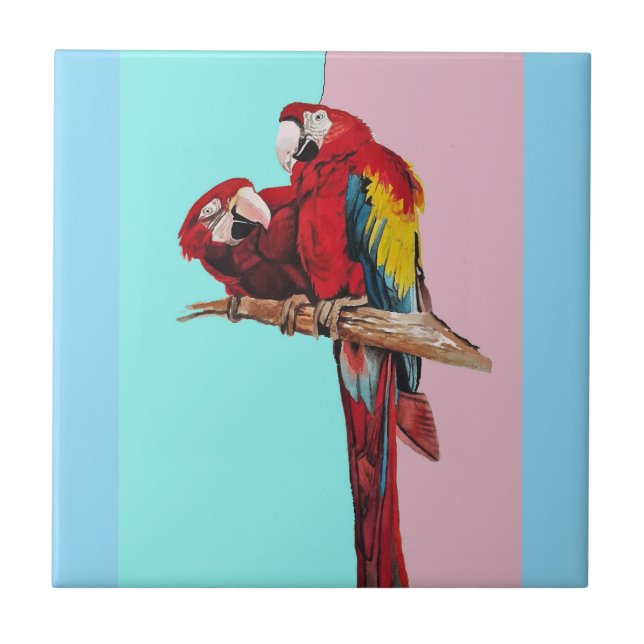 Parrot Watercolor Pink Yellow Baby Blue Macaw Tile (Front)
