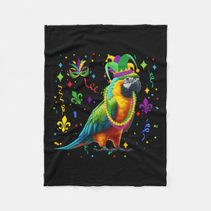 Parrot Wearing Mardi Gras Beads Jester Hat Masked Fleece Blanket