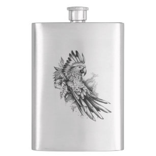 Parrot Wild Animal Nature Illustration Art Tattoo Hip Flask