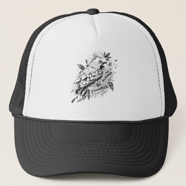 Parrot Wild Animal Nature Illustration Art Tattoo Trucker Hat (Front)