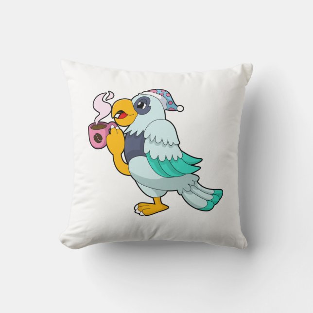 Parrot with Cup of Coffee Cushion (Front)