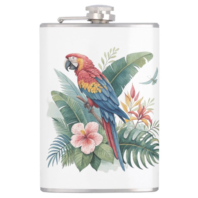 Parrot With Flowers Hip Flask (Front)