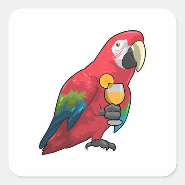 Parrot with Glass of Orange juice Square Sticker (Front)