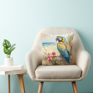 Parrot with Tropical Flowers Cushion