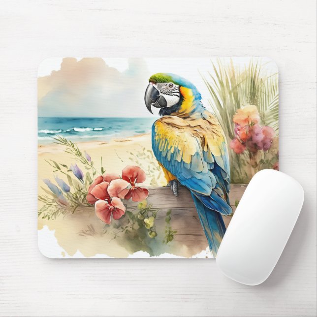 Parrot with Tropical Flowers Mouse Mat (With Mouse)