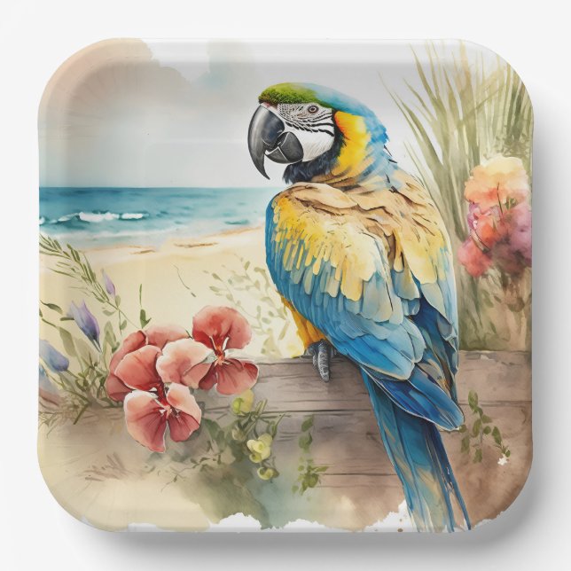 Parrot with Tropical Flowers Paper Plate (Front)