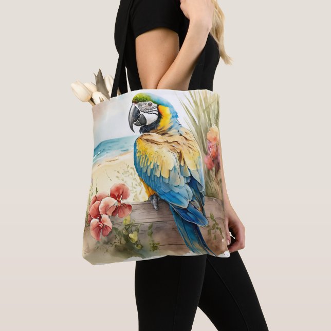 Parrot with Tropical Flowers Tote Bag (Close Up)